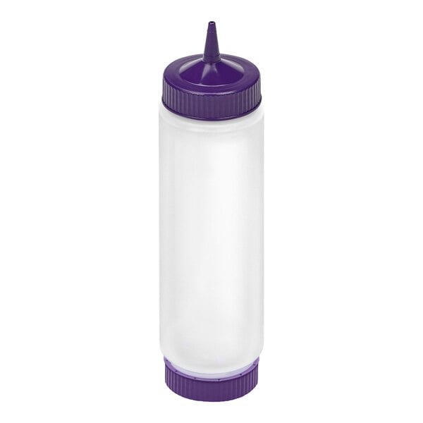 A clear plastic squeeze bottle with a purple screw-on tip cap and a matching purple base cap.