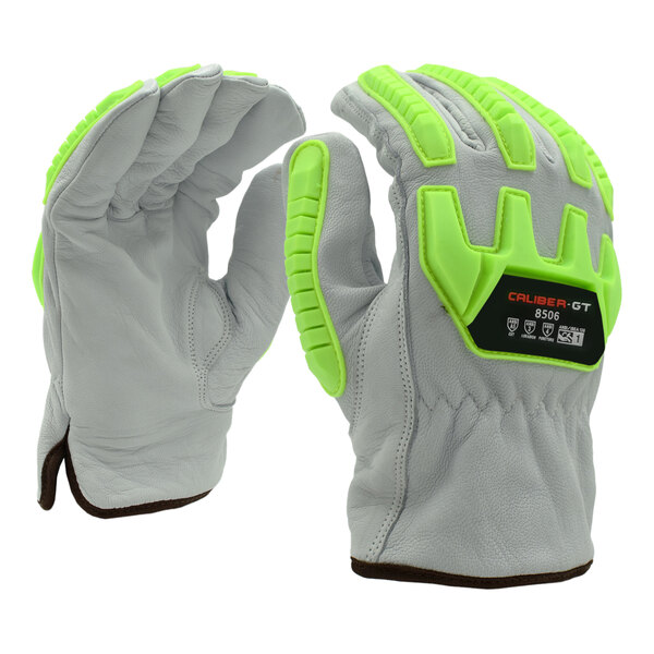 A close-up of a pair of Cordova warehouse gloves with green and yellow accents and a green logo.