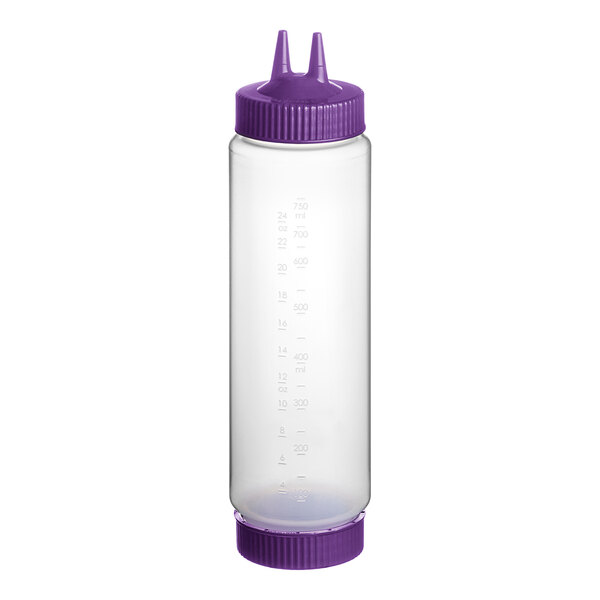 A clear plastic Vollrath Traex squeeze bottle with a purple Twin Tip cap and base.