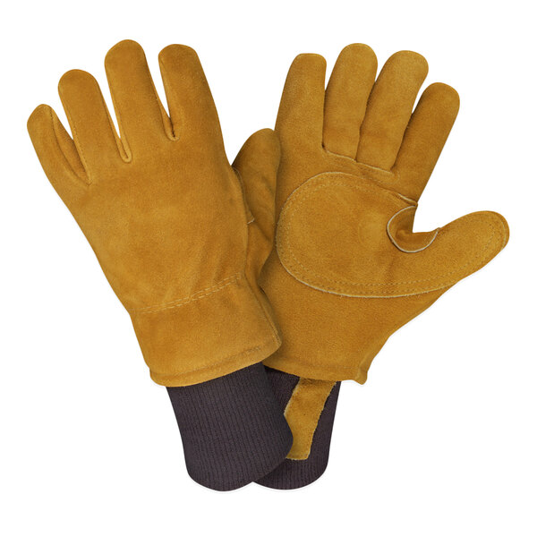 A pair of brown Cordova leather gloves with yellow trim and black stitching.