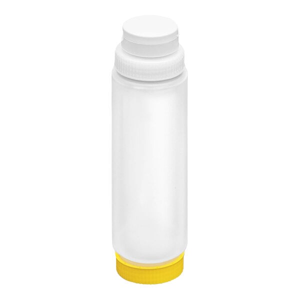 A clear plastic squeeze bottle with a white cap on top and a yellow cap on the bottom.