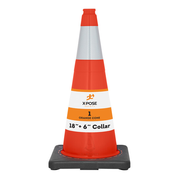 An orange Xpose Safety traffic cone with a single white reflective collar.