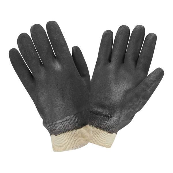 A pair of black Cordova PVC gloves with knit wrist and white interlock lining.