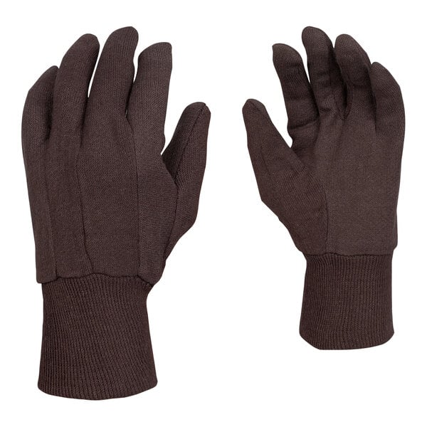 A pair of Cordova brown cotton jersey gloves on a white background.