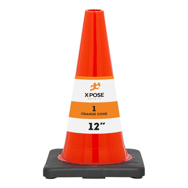 An orange traffic cone with white and black stripes and the number 12 on it.
