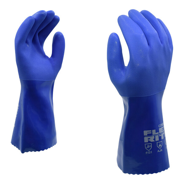 A blue Cordova Flex-Rite PVC glove with a textured finish and machine knit lining.