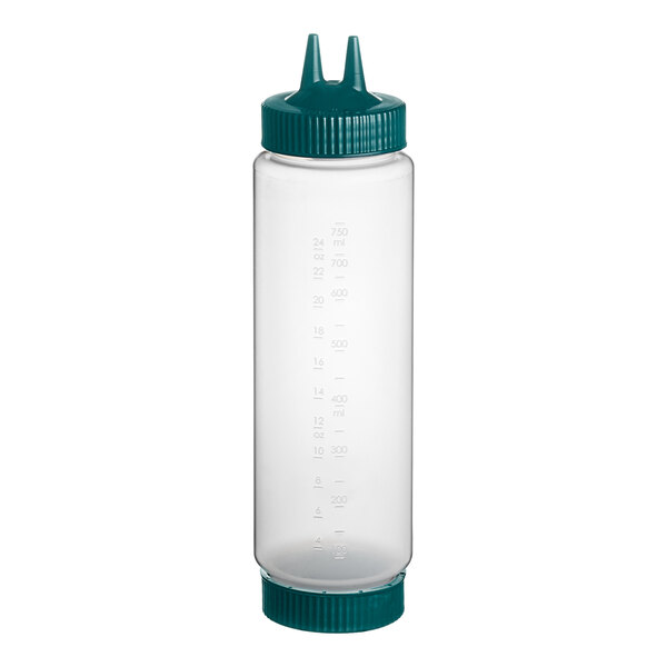 A clear plastic Vollrath Traex squeeze bottle with a green Twin Tip cap.