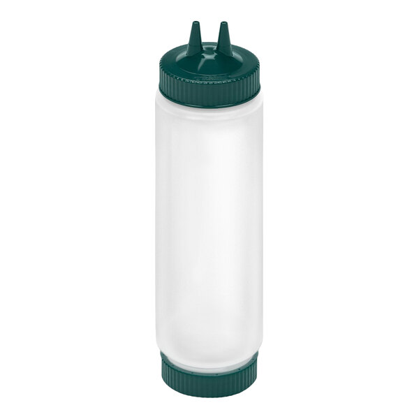 A clear plastic squeeze bottle with a green cap featuring two pointed tips and a matching green base cap.