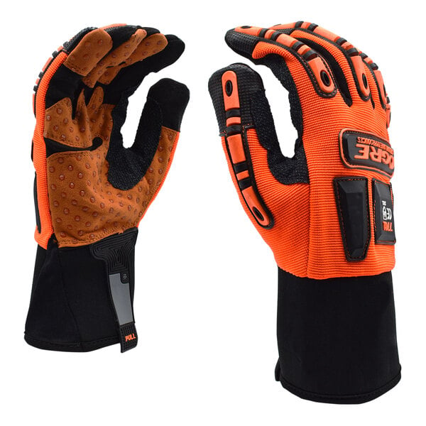 A close-up of Cordova heavy duty work gloves with orange spandex and black synthetic leather.