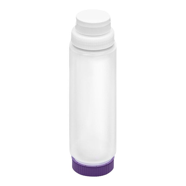 A clear plastic squeeze bottle with a white cap on top and a purple cap on the bottom.