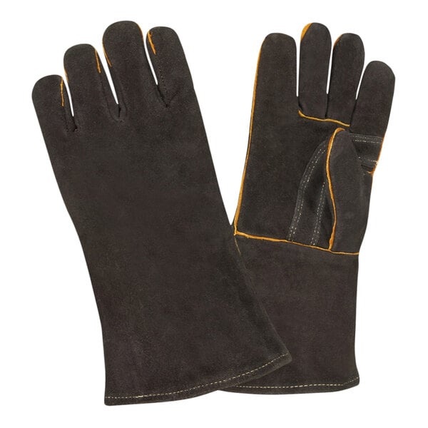 A close-up of a pair of black Cordova leather gloves with yellow stitching.