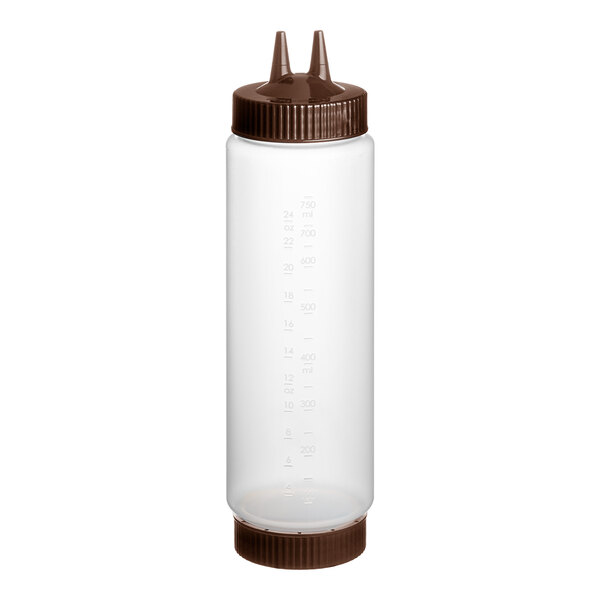 A clear plastic Vollrath Traex squeeze bottle with brown Twin Tip cap and base.