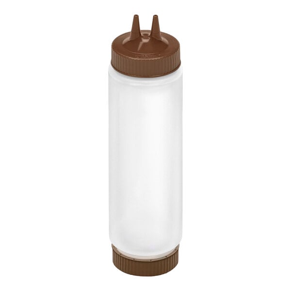 A clear plastic squeeze bottle with a brown twin-spout cap and a matching brown base cap.