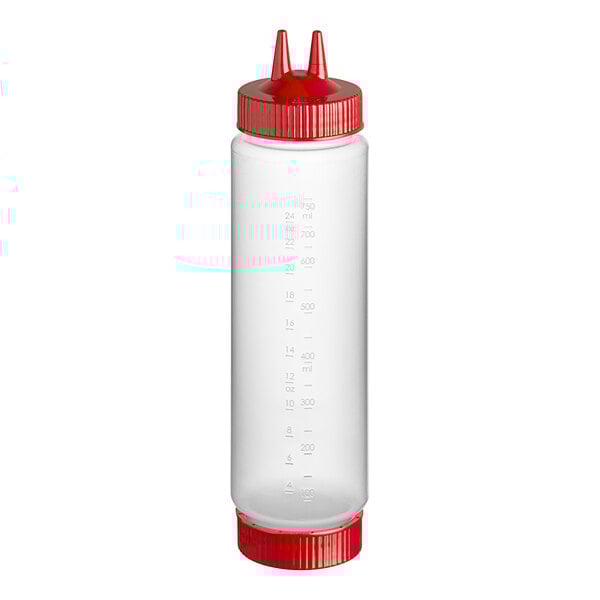 A Vollrath Traex clear plastic squeeze bottle with a red lid and base cap.