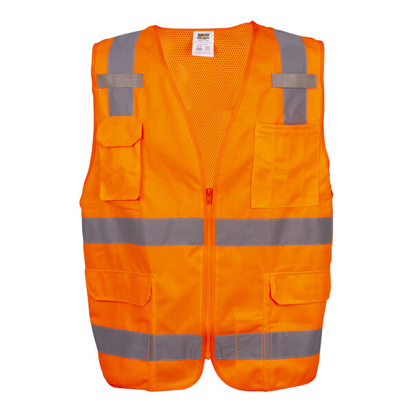 An orange Cordova high visibility safety vest with grey reflective stripes and mesh back.
