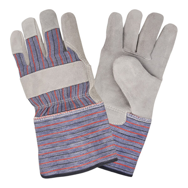 A pair of Cordova work gloves with striped leather and rubber cuffs on a white background.
