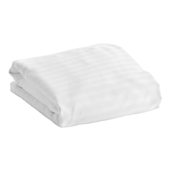 A folded white fitted sheet with a tone-on-tone stripe on a white background.