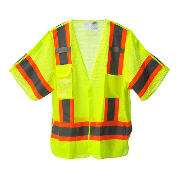 A lime yellow safety vest with orange and grey reflective stripes.