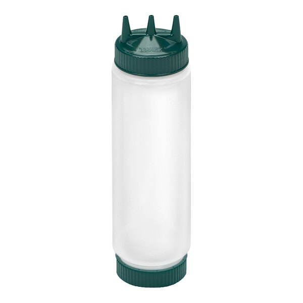 A clear plastic squeeze bottle with a green cap featuring three pointed tips and a matching green base cap.