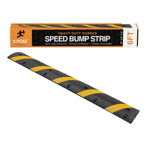 A black and yellow Xpose Safety rubber speed bump strip.