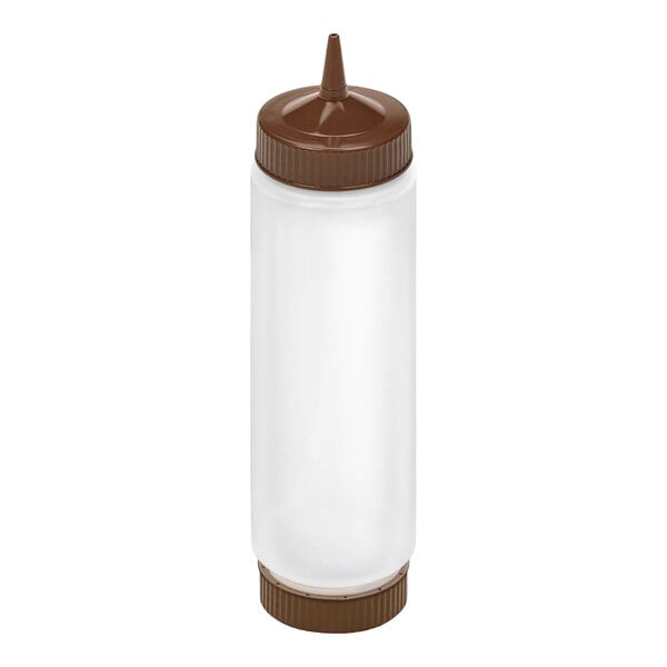 A clear plastic squeeze bottle with a brown pointed cap and a matching brown base cap.