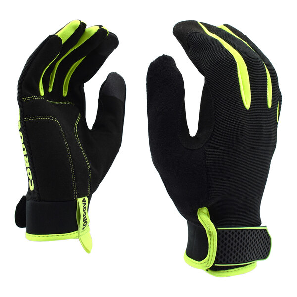A pair of black and yellow Cordova Hi-Vis Utility Touchscreen gloves.
