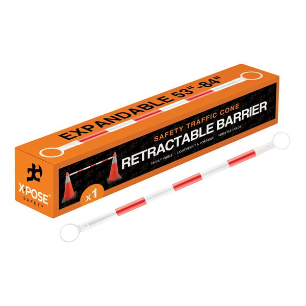 A box with a long orange and white Xpose Safety retractable barrier cone bar with a red and white label.