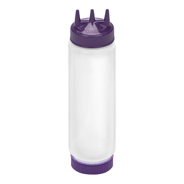 A clear plastic squeeze bottle with a purple cap featuring three pointed tips and a matching purple base.