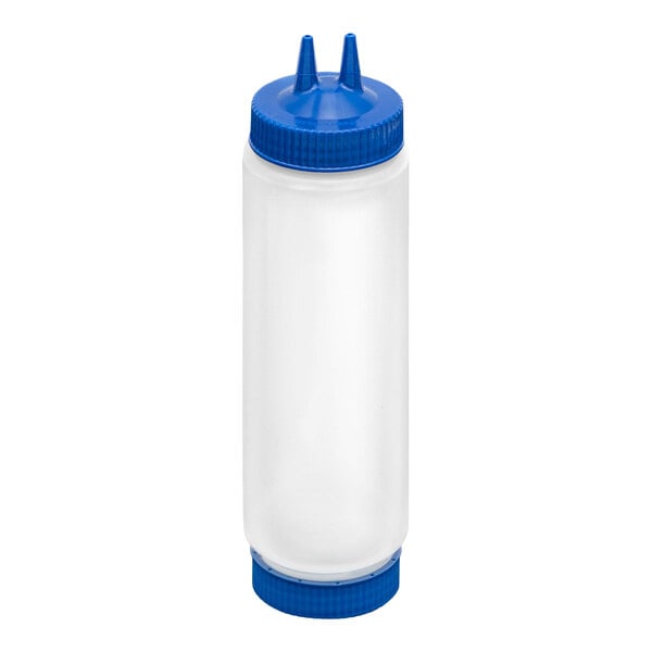 A clear plastic squeeze bottle with a blue cap featuring two nozzle tips and a matching blue base cap.