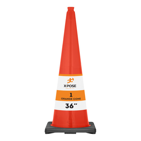 An orange Xpose Safety traffic cone with a white label.