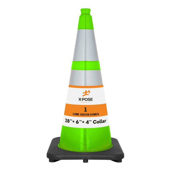 A lime green PVC traffic cone with double reflective collars on a white base.