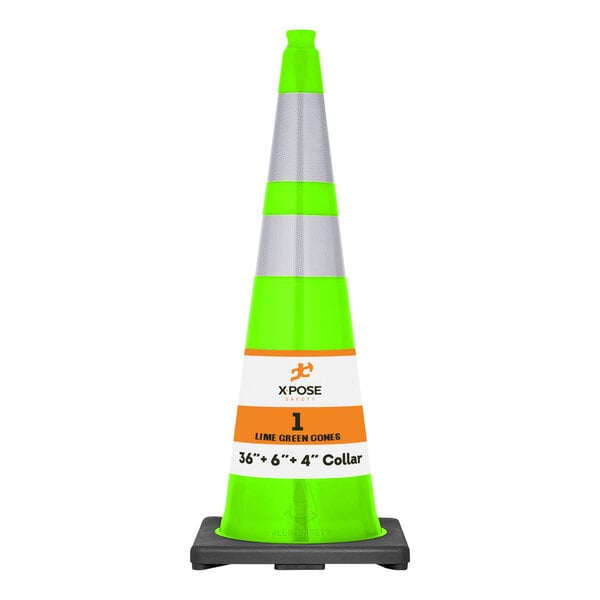 A close-up of a lime green Xpose Safety traffic cone with double reflective collars and a white base.