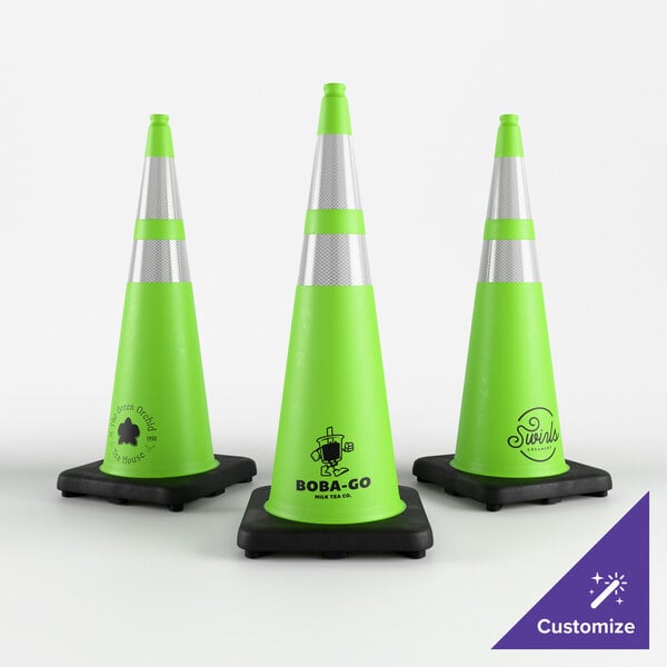 A lime green 36-inch heavy-duty PVC traffic cone with a 10 lb. base and double reflective collars, featuring customizable logos.