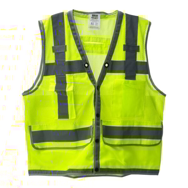 A Cordova lime yellow high visibility safety vest with grey reflective stripes.