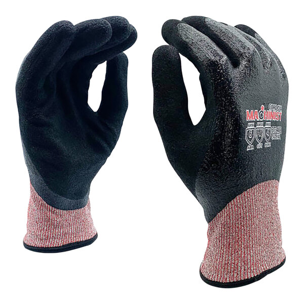 A pair of black gloves with red accents.