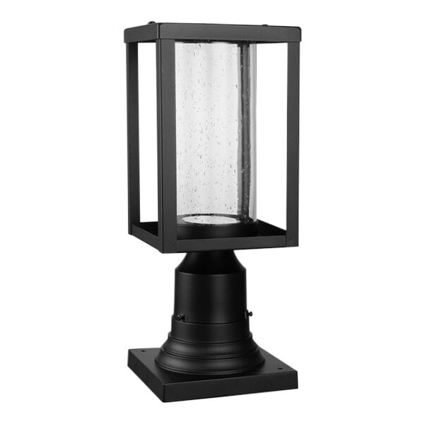 A Globe Matte Black outdoor post mount light with clear glass.