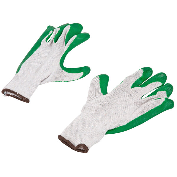 A pair of small Cordova work gloves with green latex palm coating on a white background.