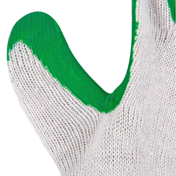 A close-up of a pair of Cordova green and white work gloves with green latex coating on the palm.