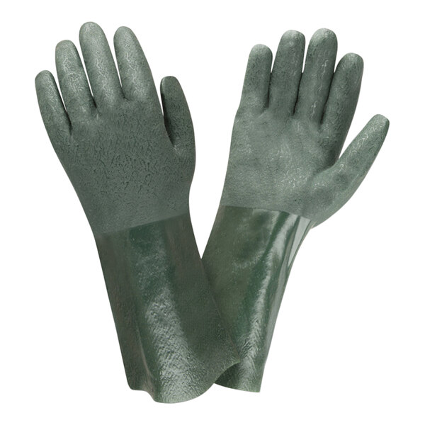 A pair of green Cordova rubber gloves with jersey lining.