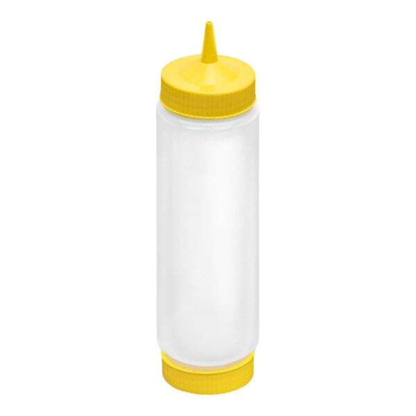 A clear plastic squeeze bottle with a yellow pointed cap and a yellow base cap.