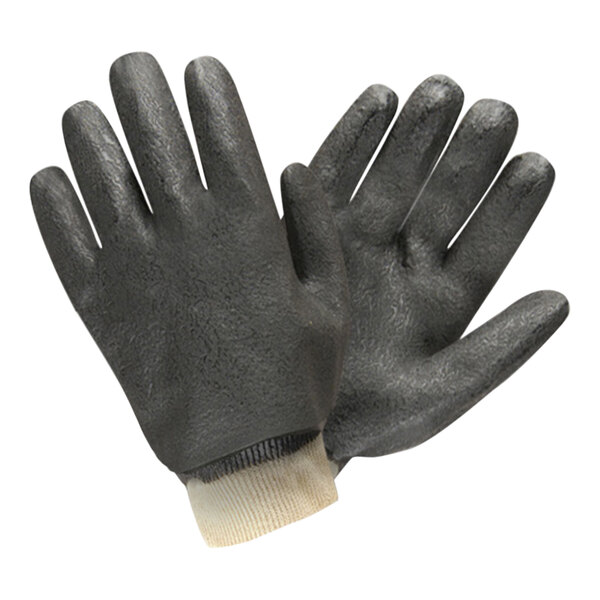 A pair of black Cordova dishwashing gloves with white palms.