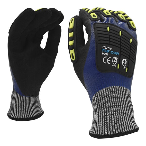 A pair of extra large Cordova Tuf-Cor Ice Salt and Pepper gloves with a black and blue nitrile coating.