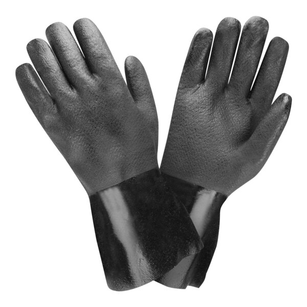 A pair of black Cordova large dishwashing gloves with interlock lining.