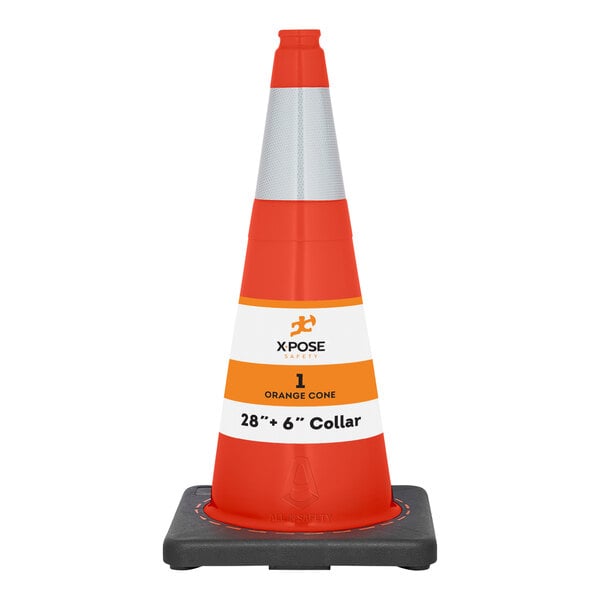 An orange traffic cone with a white reflective stripe.