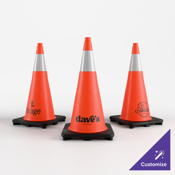 A set of three orange heavy-duty PVC traffic cones with black bases and a single reflective collar, each featuring customizable printed logos.