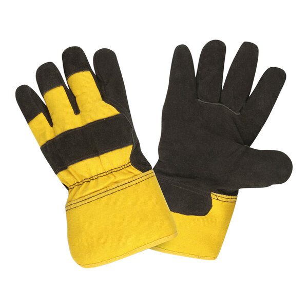 A pair of Cordova yellow canvas work gloves with black leather palms.