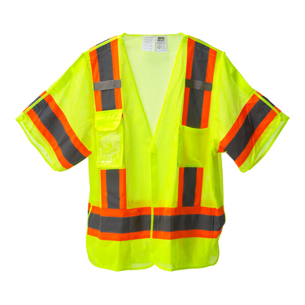 A yellow safety vest with orange and grey reflective stripes.