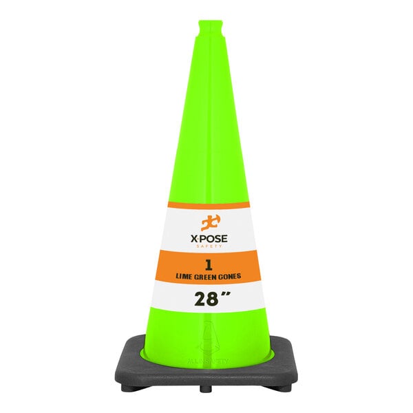 A lime green Xpose Safety traffic cone with white and orange stripes.