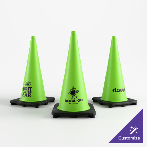 A lime green 28-inch heavy-duty PVC traffic cone with a black base, shown with customizable logos.