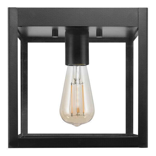 A Globe matte black outdoor ceiling light with a cubed metal cage and glass panes with a light bulb inside.